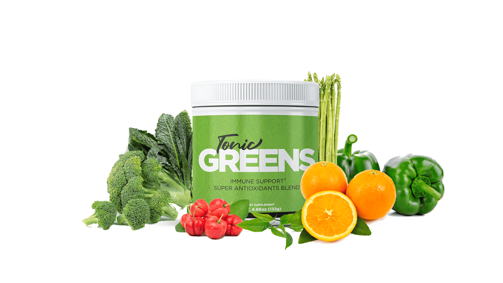Tonic Greens single bottle with ingredeints